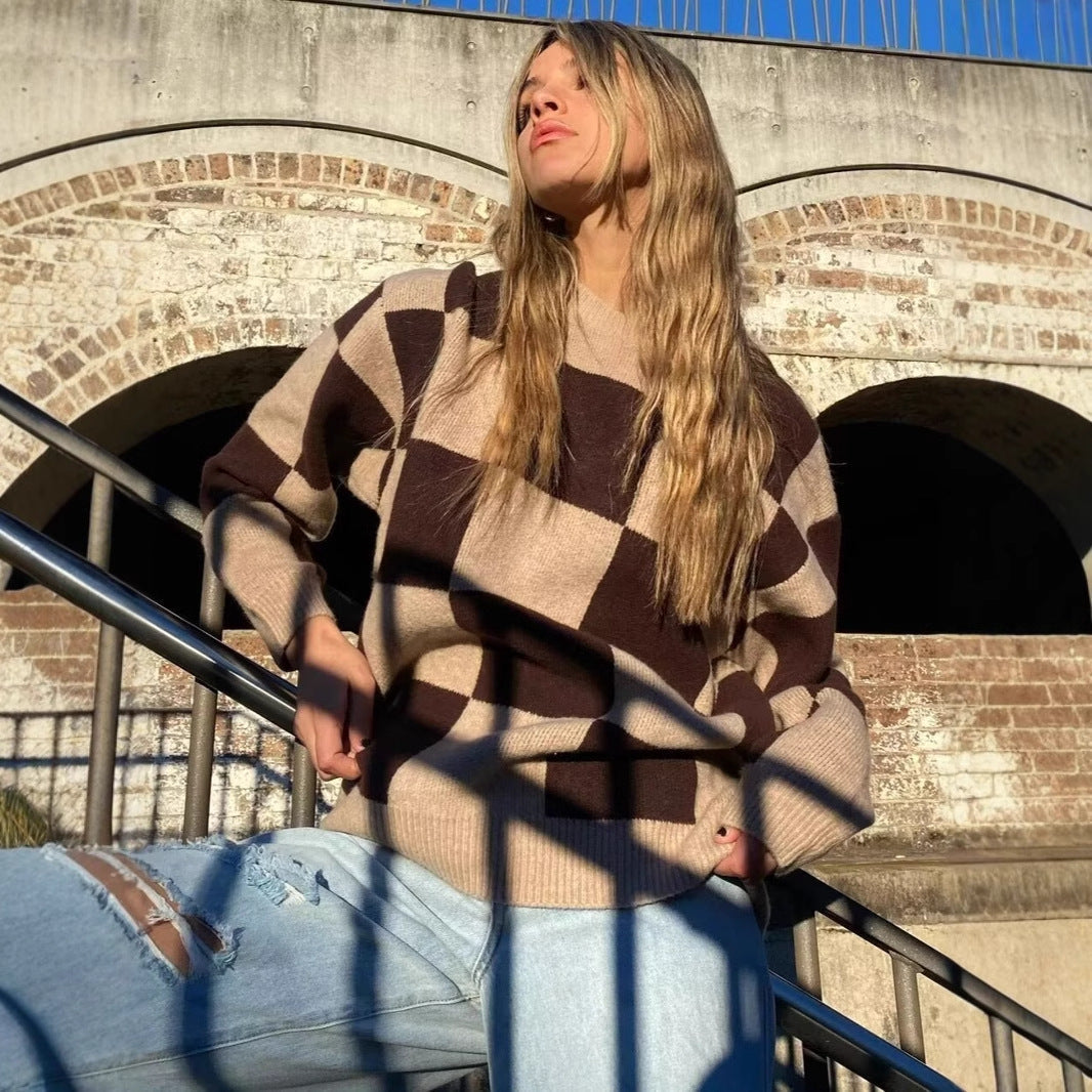Damen modischer Pullover mit grafischem Karomuster und Rundhalsausschnitt R&B