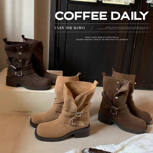 Damen Leder Stiefeletten mit dekorativem Riemen und robustem Blockabsatz R&B