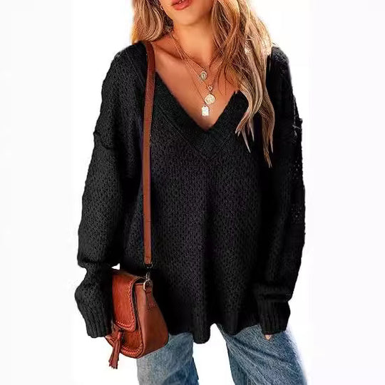 Damen Leicht gestrickter V-Ausschnitt Pullover mit lässigem Schnitt R&B