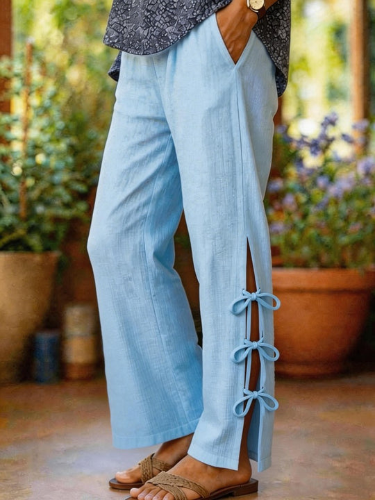 Damen Leichte Sommerhose mit seitlichen Bindegürtel undDekolleté-Schlitzen R&B