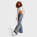 Damen Weite Jeans mit floraler Stickerei