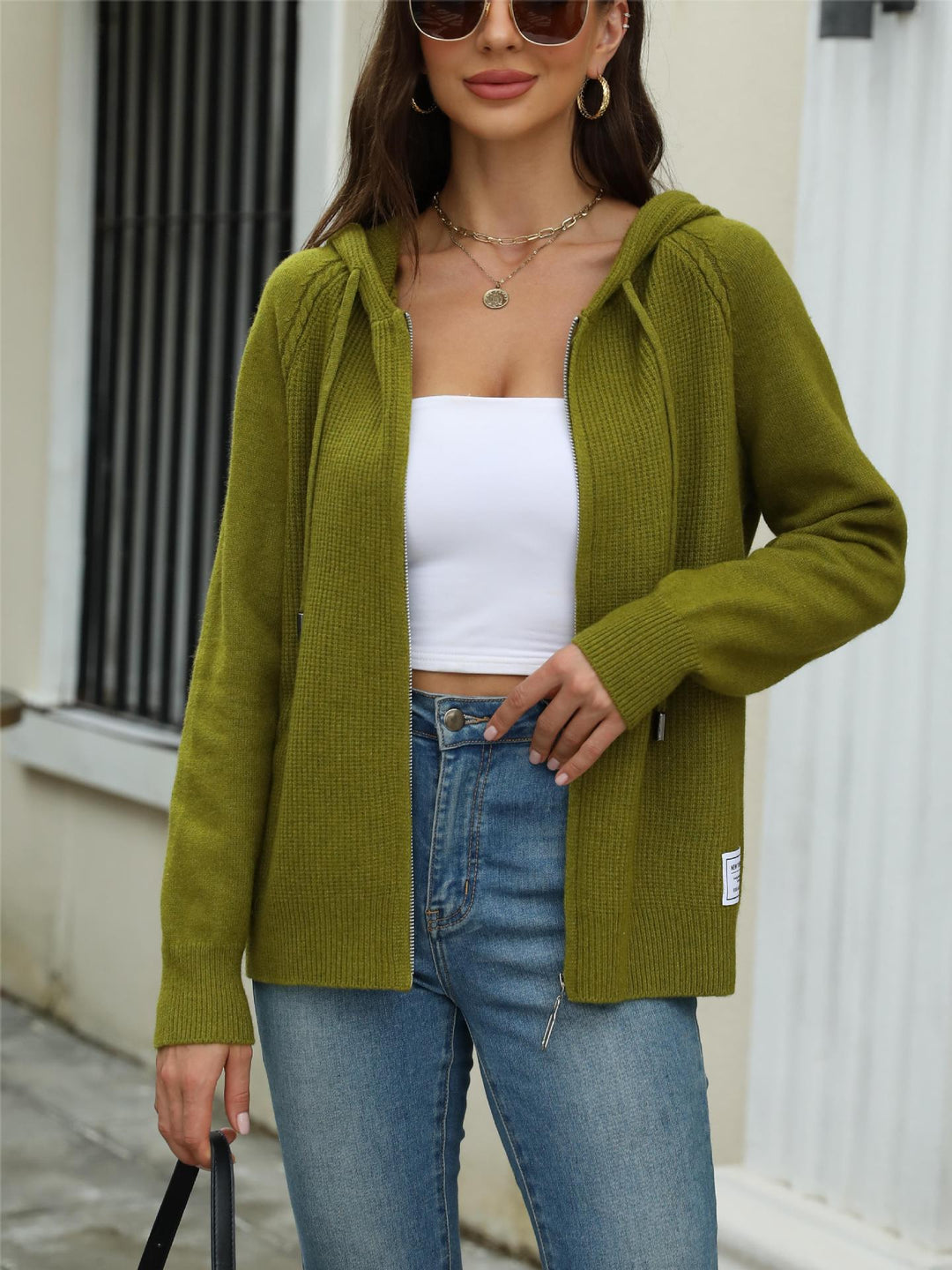 Damen legerer Strickcardigan mit Kapuze und Reißverschluss R&B