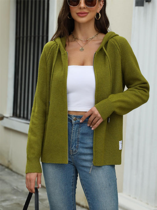 Damen legerer Strickcardigan mit Kapuze und Reißverschluss R&B