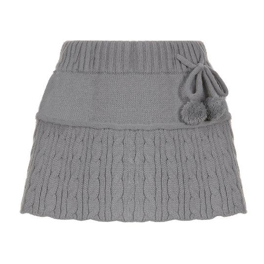 Damen gestrickter Minirock mit dekorativen Pompons und elastischem Bund R&B