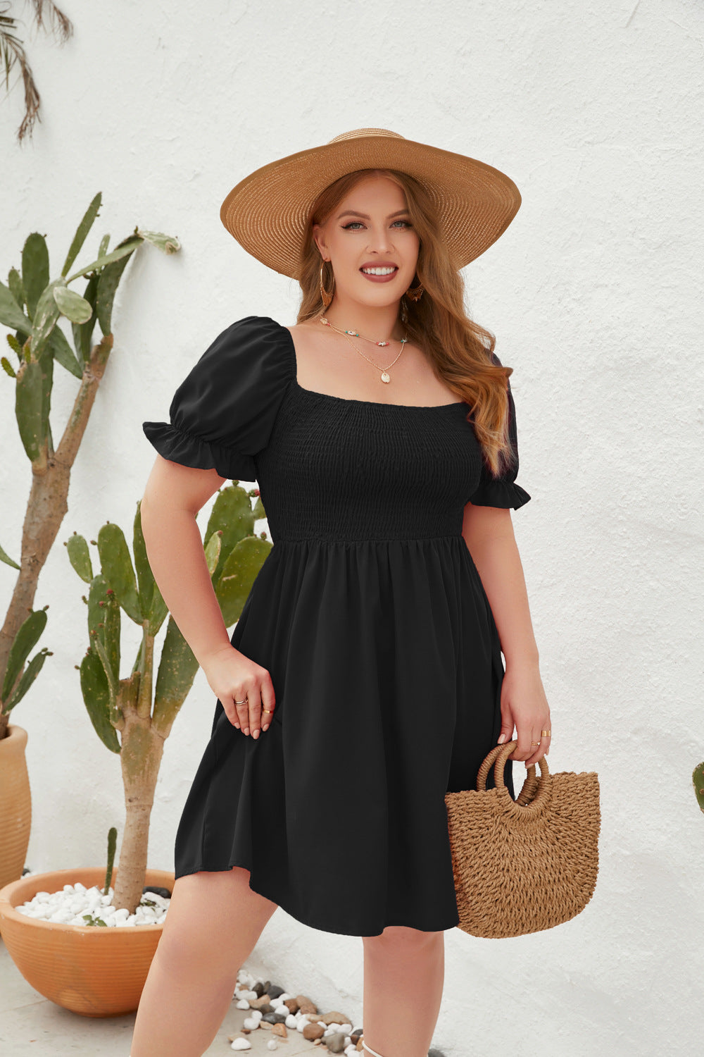 Damen Leichtes Sommerkleid mit schulterfreier Passform und voluminösen Puffärmeln R&B