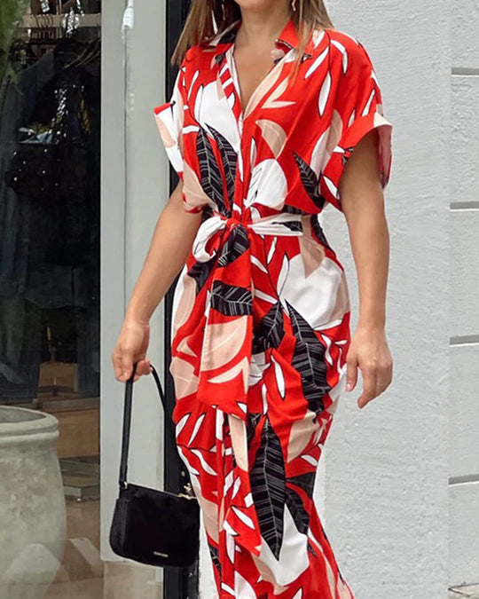 Damen Wickelkleid mit buntem Blattmuster und modischem Taillengürtel R&B