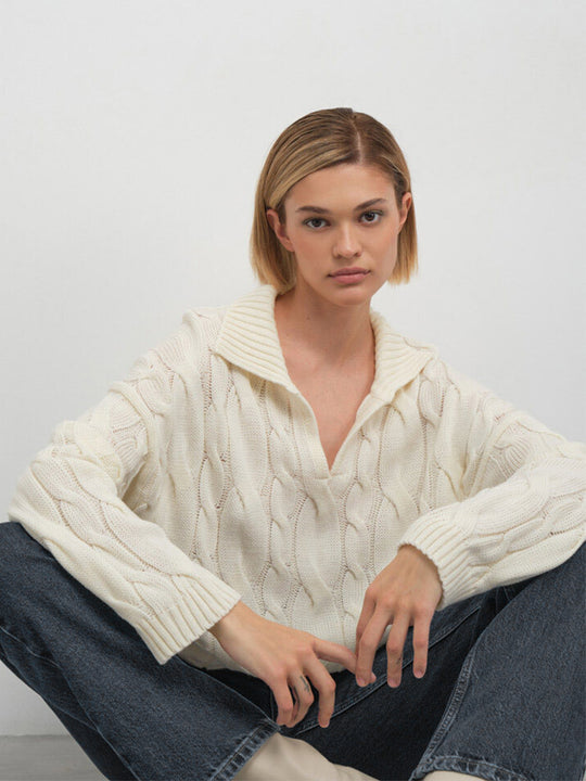 Damen Hoher Kragen Strickpullover mit Zopfmuster R&B