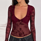 Damen Spitzenoberteil mit tiefem V-Ausschnitt und floralem Design R&B
