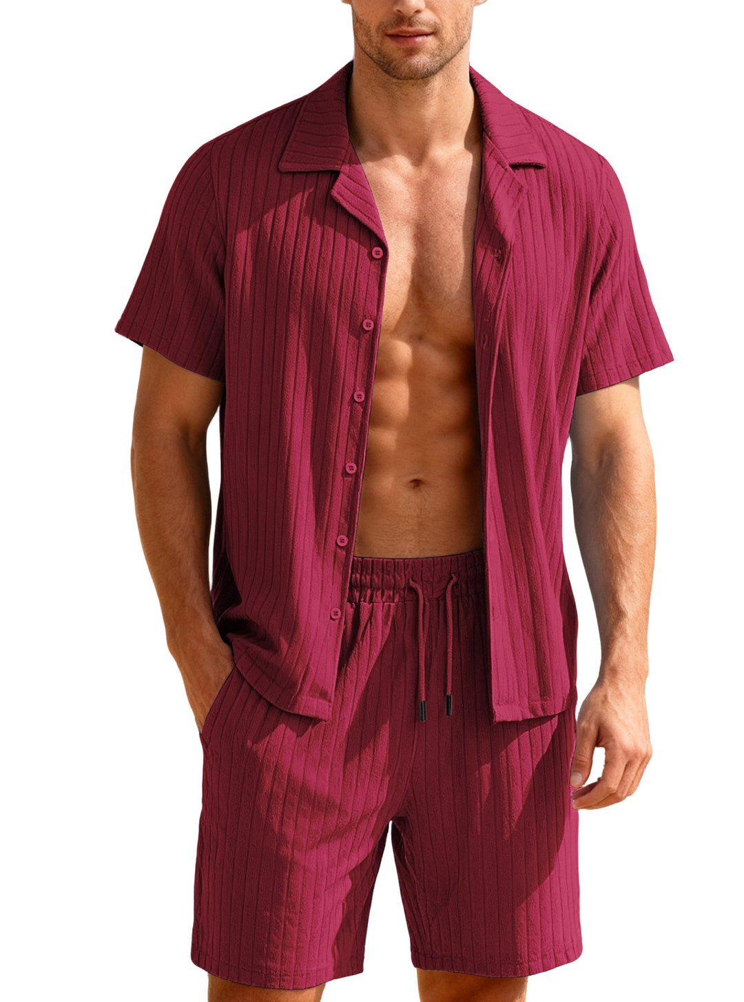 Herren nan geripptes Feinstrick-Lounge-Set mit kurzärmligem Revershemd und Kordelshorts R&B