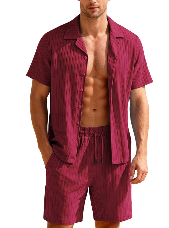 Herren nan geripptes Feinstrick-Lounge-Set mit kurzärmligem Revershemd und Kordelshorts R&B
