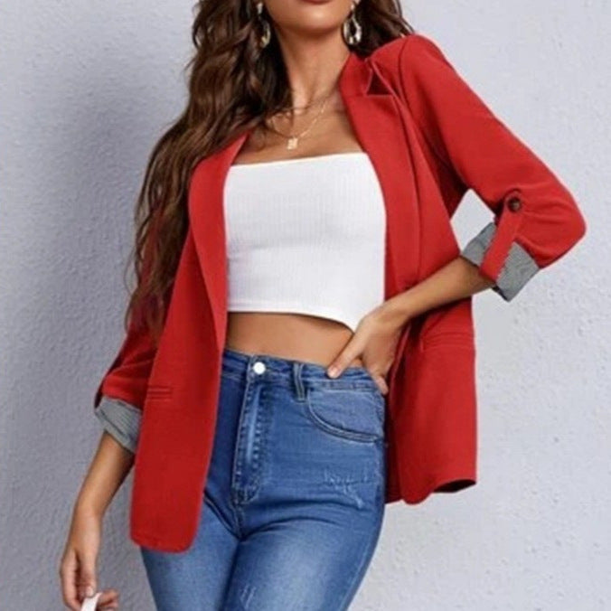 Damen stilvolle und vielseitige Blazerjacke mit umgeschlagenen Ärmeln R&B