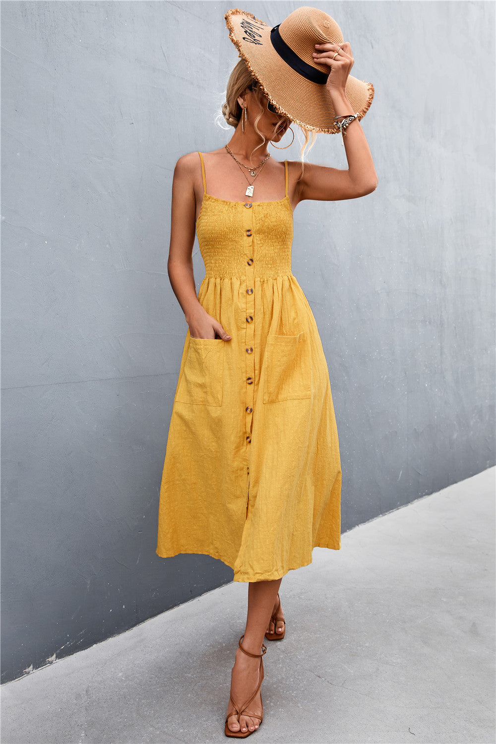 Damen Sommerliches Knopfkleid mit elastischer Taille und praktischen Taschen R&B