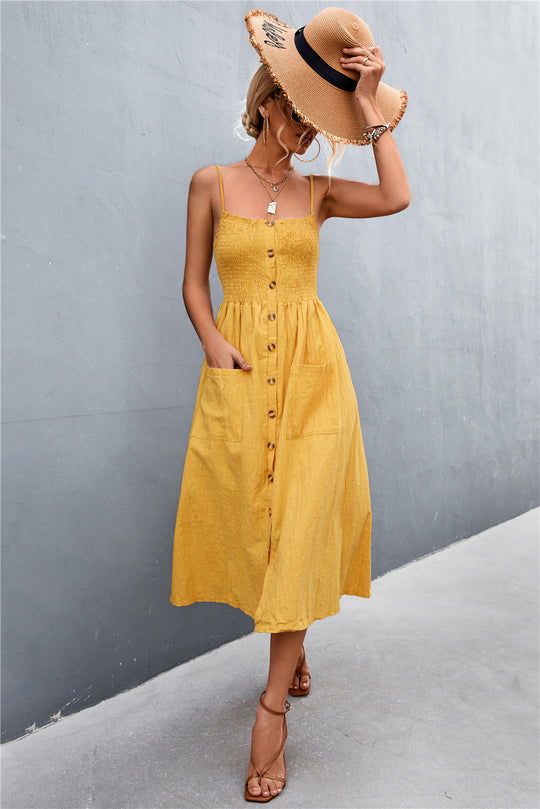 Damen Sommerliches Knopfkleid mit elastischer Taille und praktischen Taschen R&B