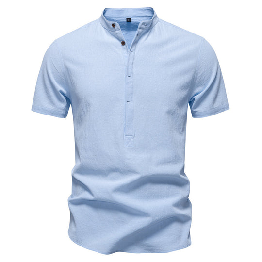 Herren nan lässiges Kurzarmshirt mit Stehkragen, halber Knopfleiste und leicht strukturierter Baumwoll-Leinen-Qualität R&B