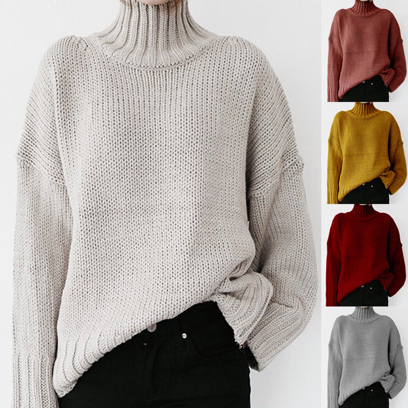 Damen Grobstrickpullover mit hohem Kragen und lässigem Schnitt