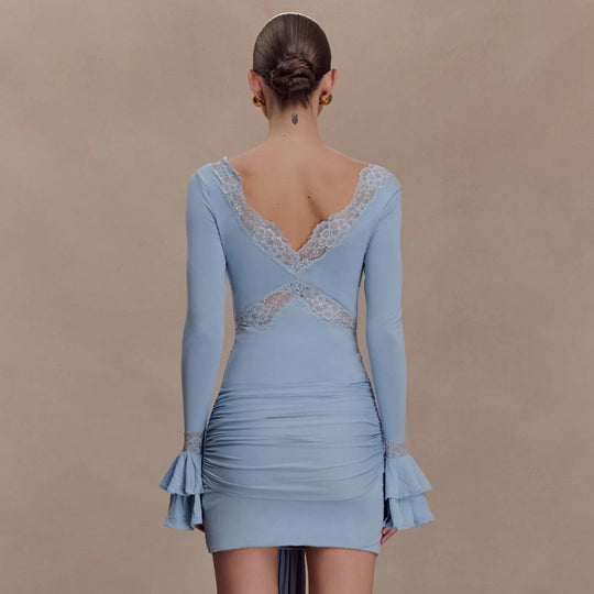 Damen Mini-Kleid mit Spitzenakzenten und voluminösen Ärmeln R&B