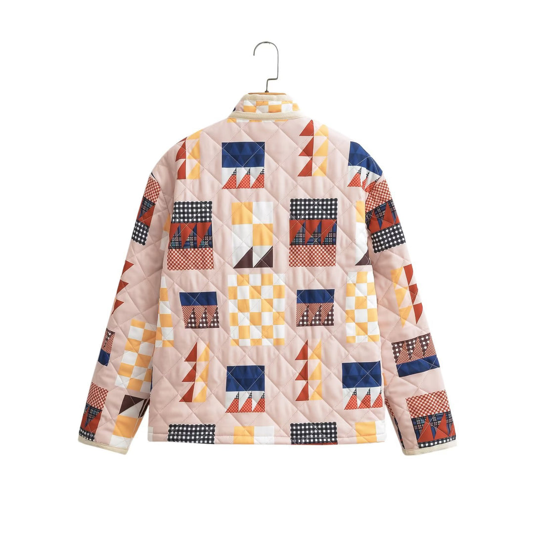 Damen gesteppte Übergangsjacke mit buntem Patchwork-Muster und großen Taschen R&B