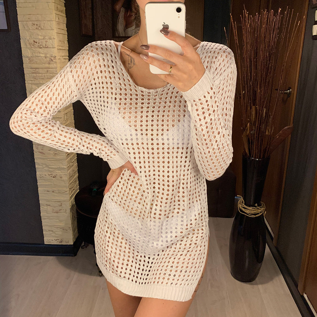 Damen gestricktes Netzkleid mit langem Arm und seitlichen Schlitzen R&B