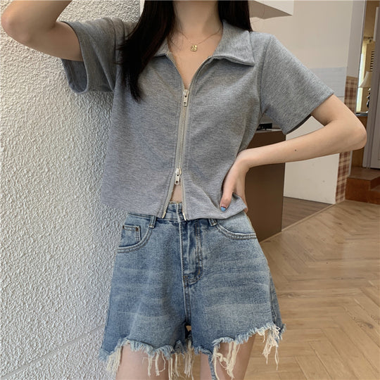 Damen Cropped Poloshirt mit Reißverschluss und strukturierter Textur R&B