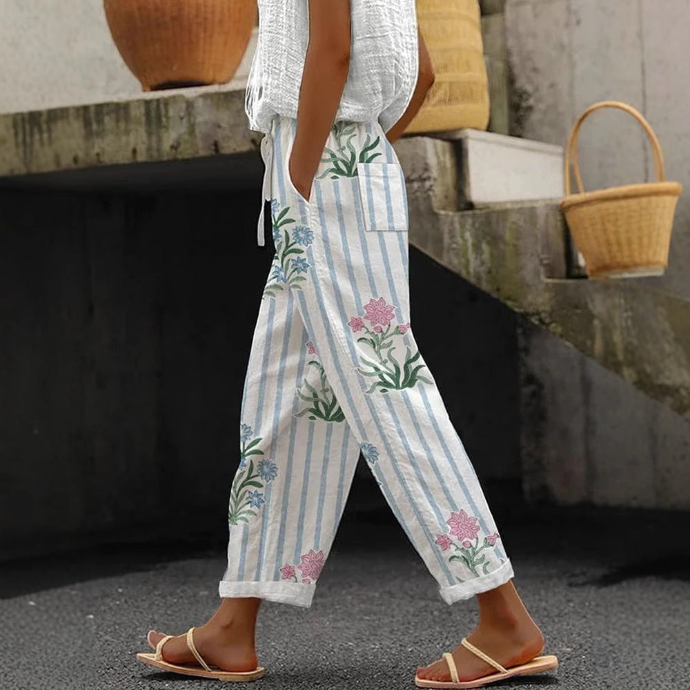 Damen Weite Leinenhose mit handgewtem Muster