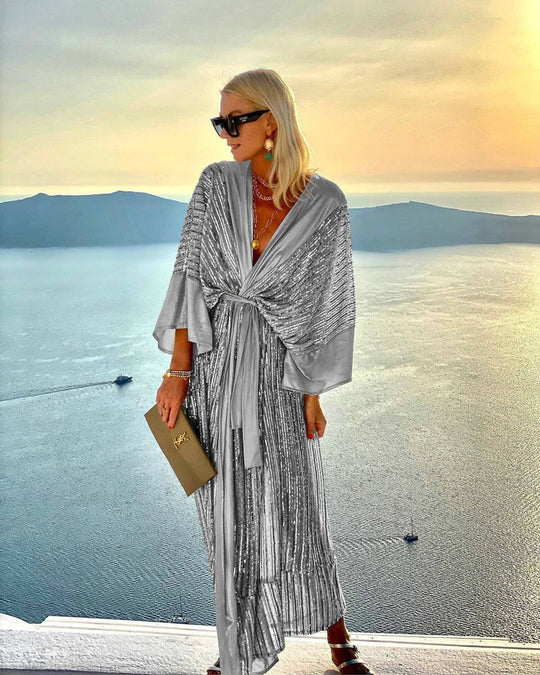 Damen Glitzerndes Maxikleid mit elegantem Wickeldesign und fließenden Ärmeln R&B