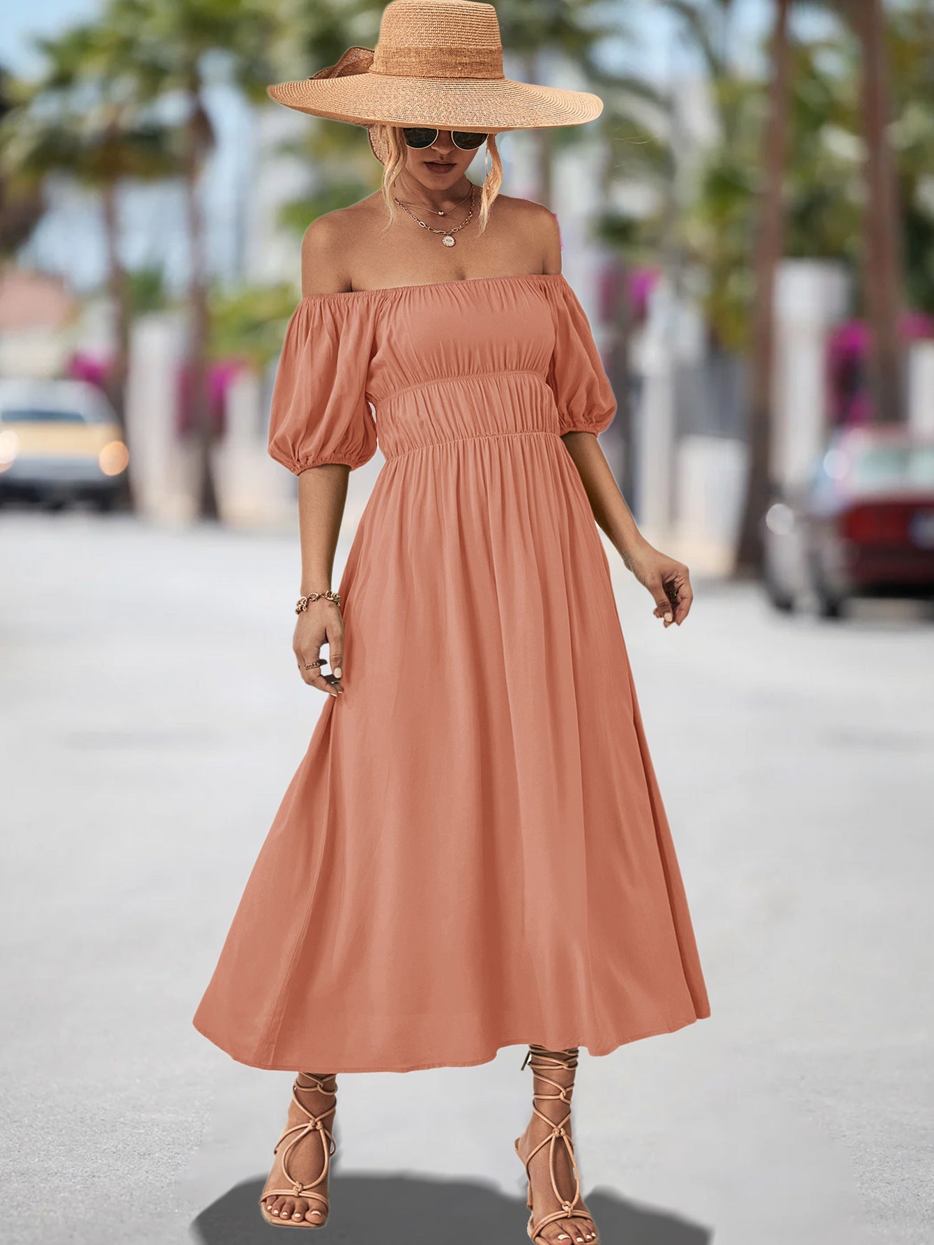 Damen Off-Shoulder Maxikleid mit voluminösen Puffärmeln und elastischem Taillenband R&B