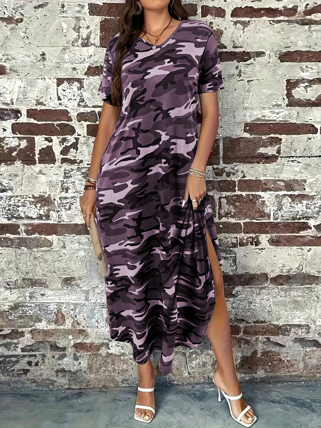 Damen Maxi-Kleid mit modernem Camouflage-Design und praktischen Taschen R&B