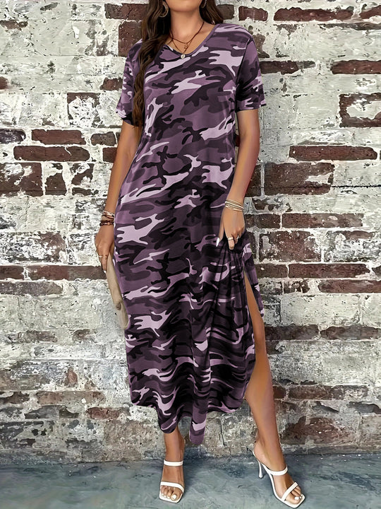 Damen Maxi-Kleid mit modernem Camouflage-Design und praktischen Taschen R&B