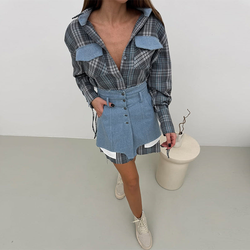 Damen modisches Hemdblusenkleid mit Denim-Elementen R&B