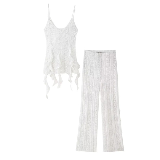 Damen elegante Palazzo-Hose mit floralem Spitzenmuster R&B