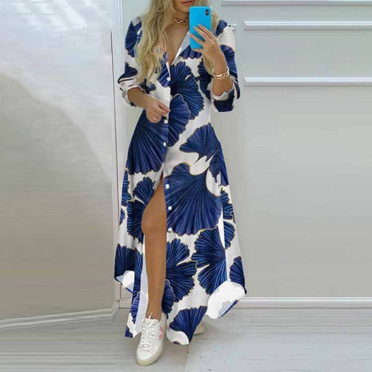 Damen Maxikleid mit Aufdruck im Zeitungslayout und seitlichem Schlitz R&B