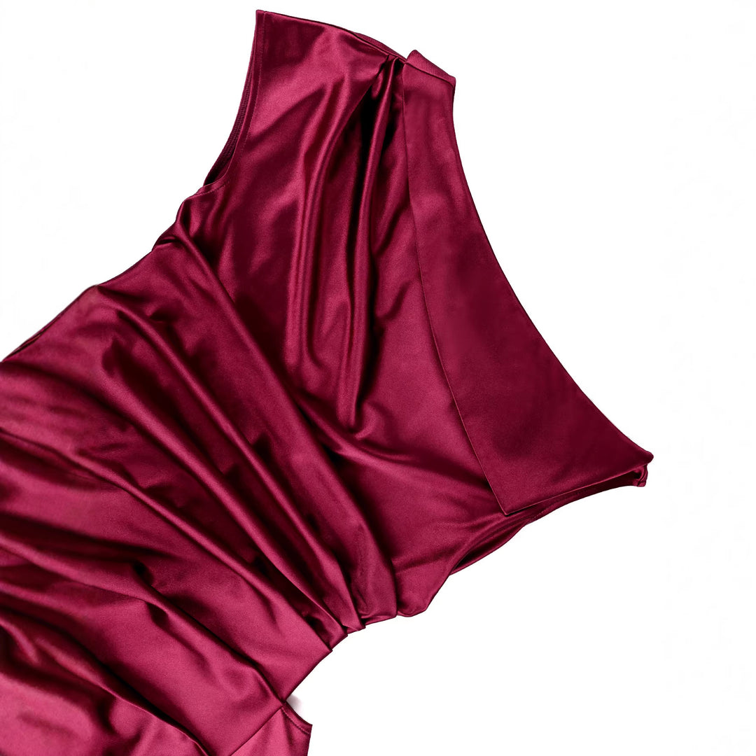 Damen elegantes Satin Abendkleid mit asymmetrischen Rüschendetails R&B
