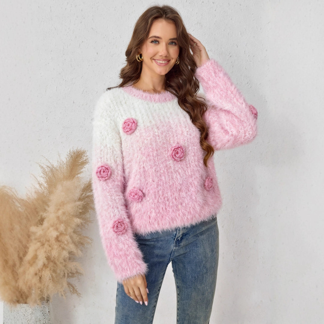 Damen Fluffiger Strickpullover mit floralem Design R&B