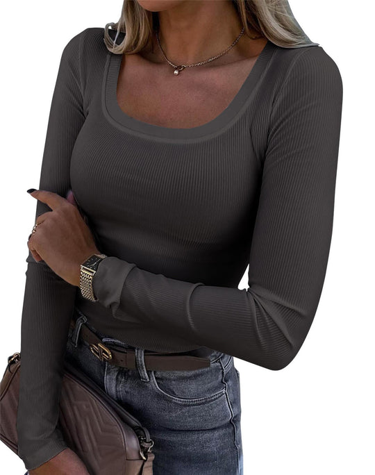 Damen Langarm Ripp-T-Shirt mit elegantem U-Boot-Ausschnitt R&B