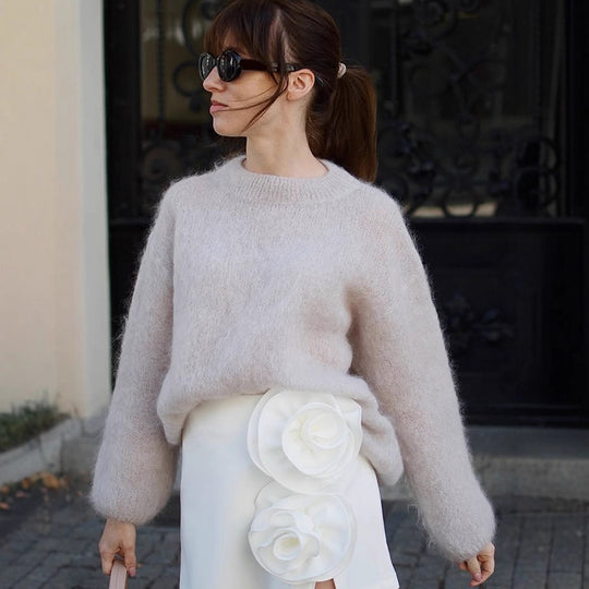 Damen lässiger Strickpullover mit voluminösen Ärmeln und hochwertiger Mohair-Optik R&B