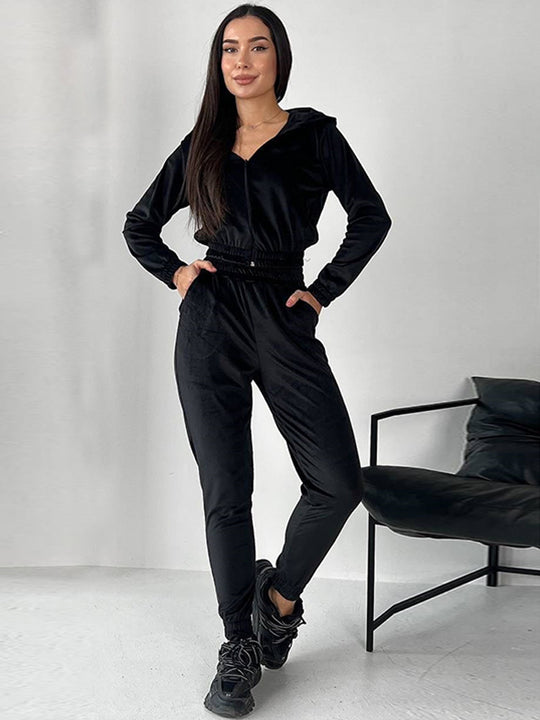 Damen Sportliches Fleece-Loungewear-Set mit Kapuze und tailliertem Schnitt R&B