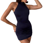 Damen enganliegendes Minikleid mit mock-neck Design und Raffung R&B