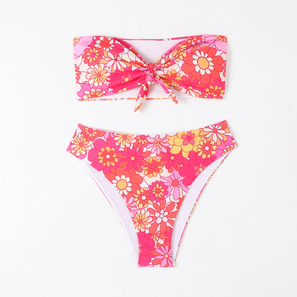Damen Bandeau Bikini mit modischem Blumenmuster und verspieltem Knotendetail R&B