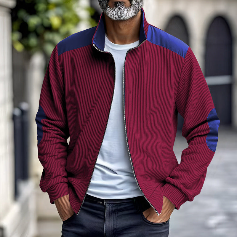 Herren nan gerippte Stehkragen-Sweatjacke mit durchgehendem Reißverschluss, Schulter- und Ellbogen-Patches R&B