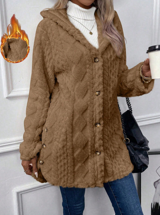 Damen Kuschelige Jacke mit Kapuze und Knopfdetails R&B
