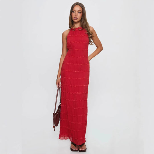 Damen Maxikleid mit schulterfreiem Design und fließenden Rüschen R&B