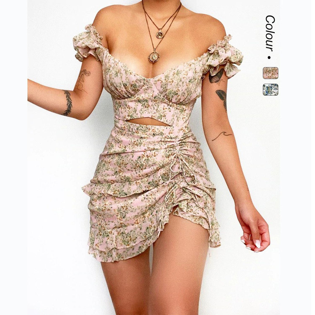 Damen Minikleid mit schulterfreiem Design und floralem Rüschensaum R&B