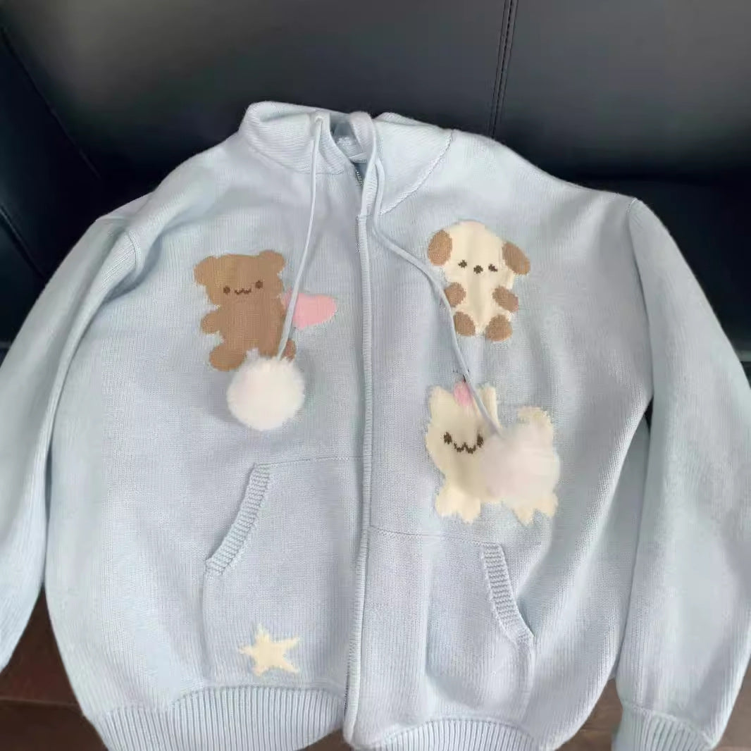 Damen Kapuzenjacke mit verspielten Tiermotiven und Pompoms R&B