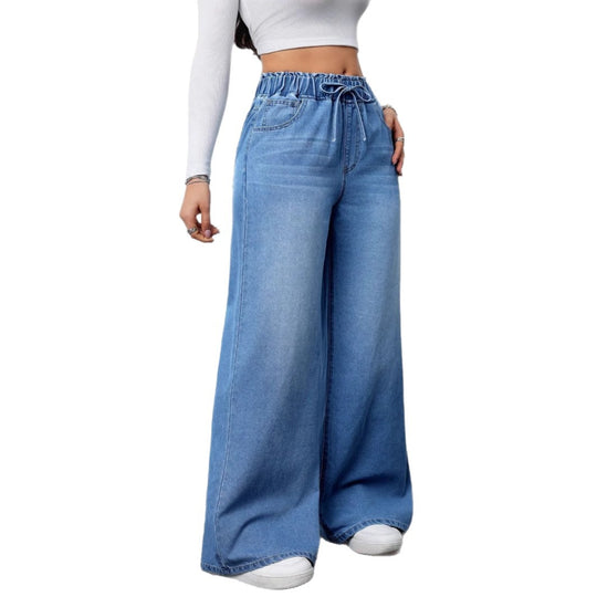 Damen Hochtaillierte Weite Jeans mit bequemem Kordelzug R&B