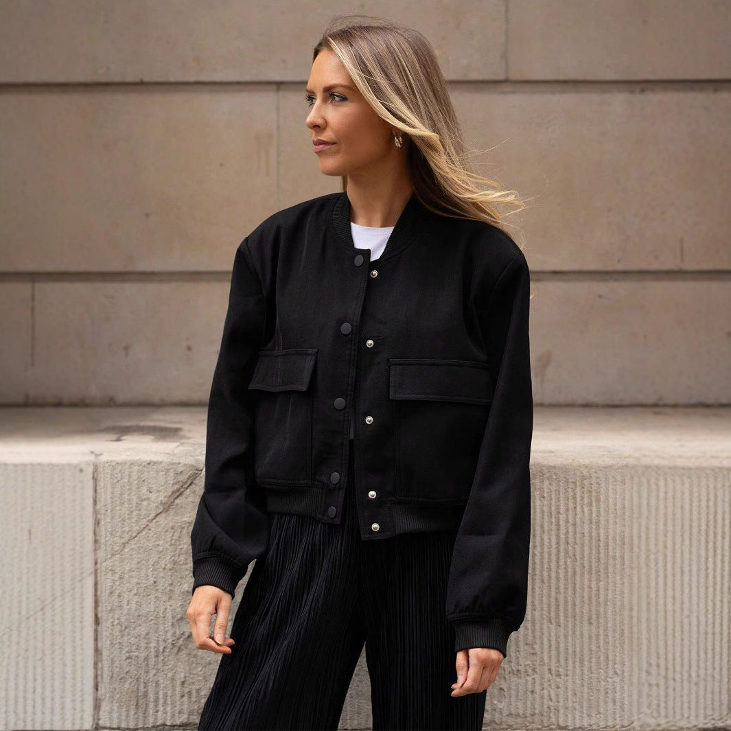 Damen lässige Kunstlederjacke mit praktischen Taschen und elastischen Bündchen