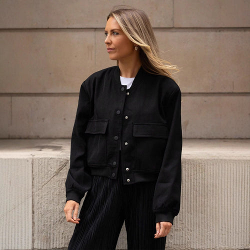 Damen lässige Kunstlederjacke mit praktischen Taschen und elastischen Bündchen R&B