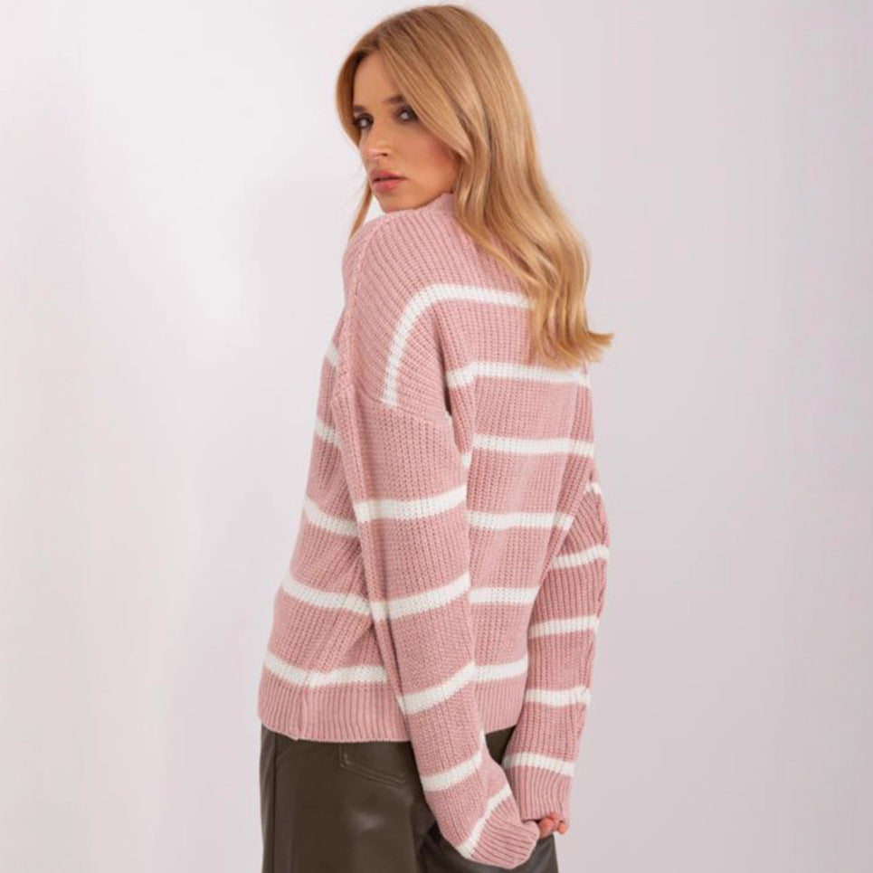 Damen lässiger Strickpullover mit modernem Streifenmuster und weitem Schnitt R&B