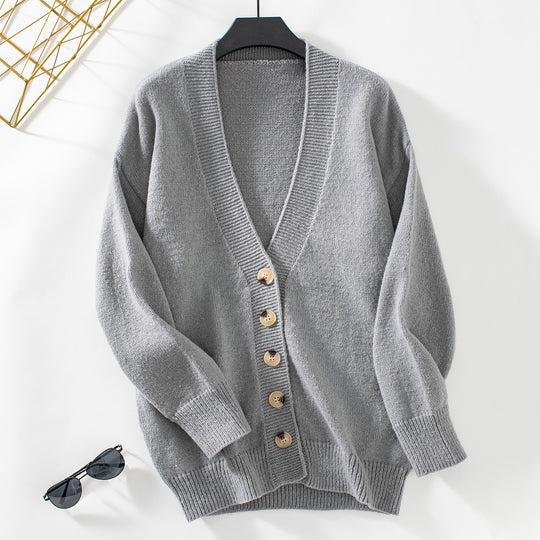Damen gemütliche Strickjacke mit Knopfdetails und tiefem V-Ausschnitt R&B