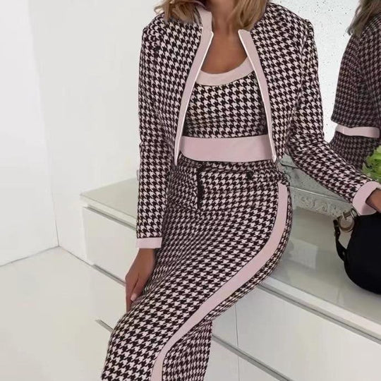 Damen Stilvolles Blazer-Kleid-Set mit grafischem Muster und tailliertem Schnitt R&B