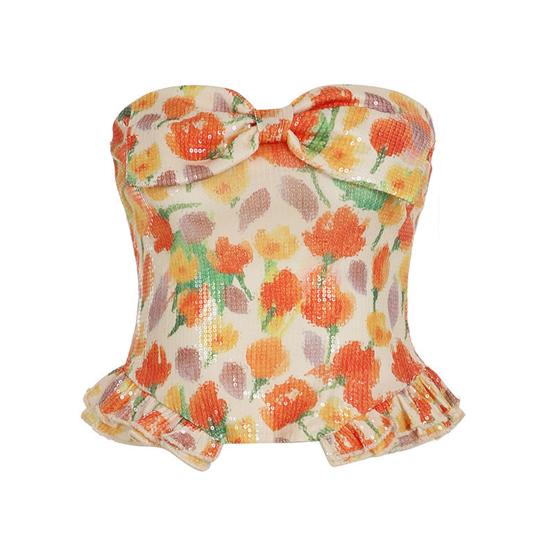 Damen Bustier-Top mit floralem Glitzerdesign und Rüschensaum R&B